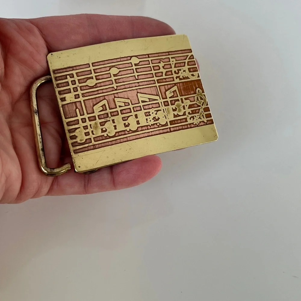 Vintage Horizon Brass Copper Musical Notes Belt Buckle 1970s Music Staff Design